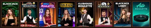 Live-Dealer-Spiele im Überblick: Blackjack Emerald, Speed Roulette, Mega Fire Blaze Roulette Live, Nexus Roulette, Clubhouse Roulette, Ruby Blackjack, Blackjack Lobby und Auto Roulette