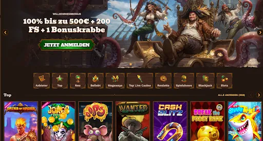 FatPirate Willkommensbonus – 100 % bis zu 500 €, 200 FS und 1 Bonuskrabbe. Jetzt anmelden und die besten Casinospiele erleben.